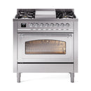 Stainless steel dual fuel range with front glass oven door and knob control panel