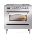 Stainless steel dual fuel range with glass oven door and chrome-trimmed control knobs