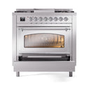 Stainless steel range oven door open with triple-glass window and chrome handle
