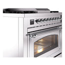 Stainless steel range side view with control panel, oven door window, and chrome handle