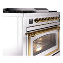 Stainless steel oven door with brass trim and knob row on the control panel