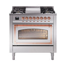 Stainless steel dual fuel range with cooktop burners, copper trim, and glass oven door