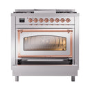 Stainless steel dual fuel range with open oven door and copper-trimmed glass window