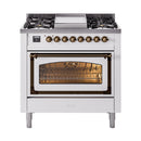White dual fuel gas range with bronze knobs and triple-pane oven window