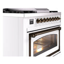 White dual fuel gas range control panel with bronze knobs and oven door handle