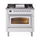 White gas dual-fuel range with four burners and closed triple-pane oven door