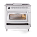 White dual-fuel range with open oven and lit interior visible through glass