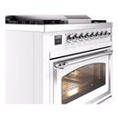 White dual-fuel range oven door with chrome handle and control knob panel