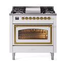 ILVE dual-fuel range with cooktop and open oven with brass-trimmed glass door