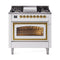 ILVE Nostalgie II Noblesse 36-Inch 3.5 Cu. Ft. Propane Gas Dual Fuel Range with 6 Burners, Griddle and Triple Glass Door in White with Brass Trim (UN36FNMPWHGLP)