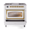 ILVE dual-fuel range with white oven door and brass-trimmed triple glass window