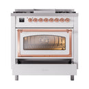 White dual fuel range with glass oven door and retractable storage drawer below
