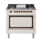 ILVE Nostalgie II Noblesse 36-Inch 3.5 Cu. Ft. Propane Gas Dual Fuel Range with 6 Burners, Griddle and Solid Door in Antique White with Burnished Bronze Trim (UN36FQNMPAWBLP)