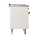 Antique white side panel of ILVE dual fuel range with bronze gas fittings