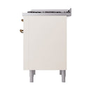 Antique white rear panel of ILVE dual fuel range with two bronze connectors