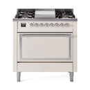 Antique white dual fuel range with front control panel and closed oven door