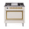 ILVE Nostalgie II Noblesse 36-Inch 3.5 Cu. Ft. Natural Gas Dual Fuel Range with 6 Burners, Griddle and Solid Door in Antique White with Brass Trim (UN36FQNMPAWG)