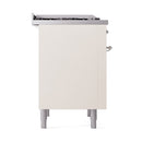 Antique white range side view with solid panel, rear connection points, and legs