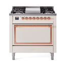 Antique white dual-fuel gas range with copper-trim oven window and control knobs