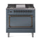 ILVE Nostalgie II Noblesse 36-Inch 3.5 Cu. Ft. Natural Gas Dual Fuel Range with 6 Burners, Griddle and Solid Door in Blue Grey with Burnished Bronze Trim (UN36FQNMPBGB)