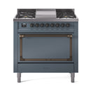 Blue gray 36-inch dual fuel range with solid oven door and bronze-trimmed handle