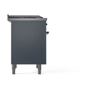 Blue gray range side panel with visible control knobs and back trim
