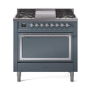 Blue grey gas dual fuel range with solid oven door and chrome trim