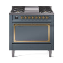 Blue grey 36-inch dual fuel gas range with solid brass-trimmed oven door