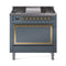 ILVE Nostalgie II Noblesse 36-Inch 3.5 Cu. Ft. Natural Gas Dual Fuel Range with 6 Burners, Griddle and Solid Door in Midnight Blue with Brass Trim (UN36FQNMPMBG)