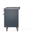 ILVE dual fuel range side view with rear brass knobs and legs, blue-gray finish