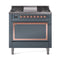 ILVE Nostalgie II Noblesse 36-Inch 3.5 Cu. Ft. Natural Gas Dual Fuel Range with 6 Burners, Griddle and Solid Door in Blue Grey with Copper Trim (UN36FQNMPBGP)