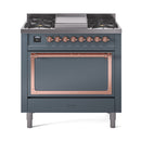 Dual fuel range front view with cooktop grates and blue-grey oven door, copper trim