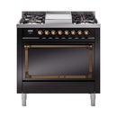 Glossy black dual fuel range with bronze knobs and open oven door with racks