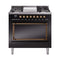 ILVE Nostalgie II Noblesse 36-Inch 3.5 Cu. Ft. Natural Gas Dual Fuel Range with 6 Burners, Griddle and Solid Door in Glossy Black with Burnished Bronze Trim (UN36FQNMPBKB)