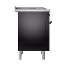 Glossy black dual fuel range side view with bronze knobs and stainless top