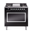 ILVE 36-inch glossy black dual fuel range with chrome-trim solid oven door