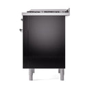 ILVE dual-fuel range side panel in glossy black with two chrome knobs and oven door