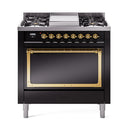 Glossy black gas range oven door closed, brass handle trim and burner knobs