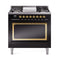 ILVE Nostalgie II Noblesse 36-Inch 3.5 Cu. Ft. Propane Gas Dual Fuel Range with 6 Burners, Griddle and Solid Door in Glossy Black with Brass Trim (UN36FQNMPBKGLP)