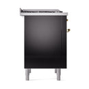 Glossy black range side panel with brass hinge knobs and sturdy base legs