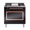 ILVE Nostalgie II Noblesse 36-Inch 3.5 Cu. Ft. Natural Gas Dual Fuel Range with 6 Burners, Griddle and Solid Door in Glossy Black with Copper Trim (UN36FQNMPBKP)