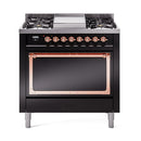 Glossy black dual fuel range with copper-trim solid oven door and control knobs