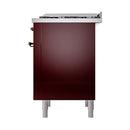 Burgundy ILVE dual fuel range side with bronze handle on solid oven door