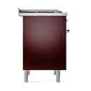 Burgundy oven base cabinet with white legs and chrome side knobs on range