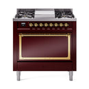 Burgundy dual-fuel gas range with brass-trim oven door and six-burner cooktop