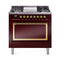 ILVE Nostalgie II Noblesse 36-Inch 3.5 Cu. Ft. Propane Gas Dual Fuel Range with 6 Burners, Griddle and Solid Door in Burgundy with Brass Trim (UN36FQNMPBUGLP)