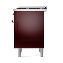 Burgundy range side panel view with brass handles and four white leveling feet