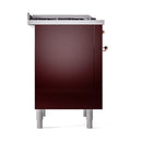 Burgundy dual fuel range side view with solid oven door and copper hardware