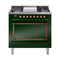 ILVE Nostalgie II Noblesse 36-Inch 3.5 Cu. Ft. Natural Gas Dual Fuel Range with 6 Burners, Griddle and Solid Door in Emerald Green with Burnished Bronze Trim (UN36FQNMPEGB)