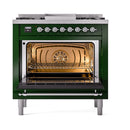 Emerald green dual-fuel range with open oven door showing interior racks and heating